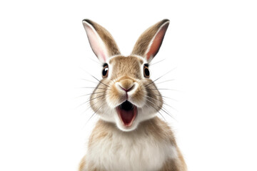 Startled Brown and White Rabbit With Open Mouth. On a Clear PNG or White Background.