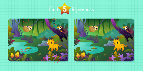 Cartoon mini game for kids with jungle animals. Find differences vector game with tropical rainforest.
