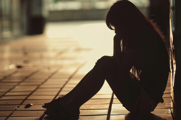 Silhouette of a sad and depressed woman sitting at the walkway of a condominium