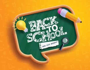 Back to school text vector template design. Back to school greeting in green chalk board space for typography and yellow pattern background. Vector illustration school greeting template. 
