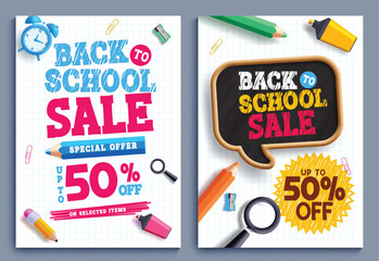 Back to school sale text vector poster set design. Back to school special offer with 50% discount promo for educational shopping promotion lay out collection. Vector illustration school sale 