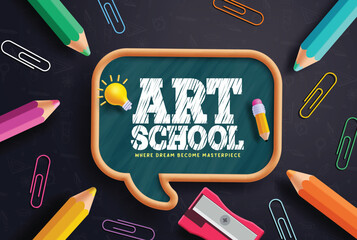 Art school text vector template design. Back to school greeting in chalkboard space with color pencil, paper clip and sharpener for educational arts background. Vector illustration art school template