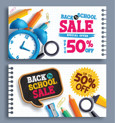 Back to school sale text vector banner set. Back to school special offer with 50% off in grid paper for shopping promotion lay out collection. Vector illustration school sale banner set.  
