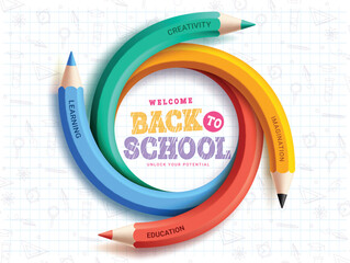 Back to school pencil vector template design. Welcome back to school greeting with colorful round pencil in white doodle grid paper background. Vector illustration school greeting template. 
