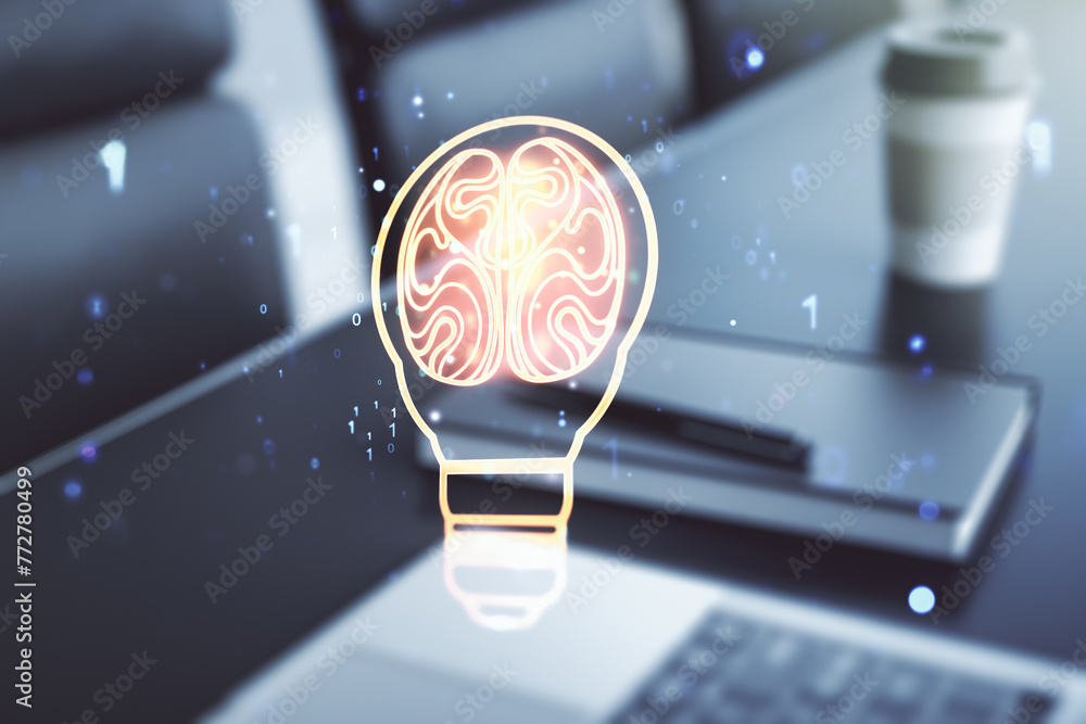 Poster creative idea concept with light bulb and human brain illustration on modern laptop background. neur