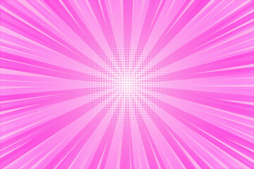 Pink comic background. Pop art vector sunburst with halftone effect. Radial explosion manga frame.