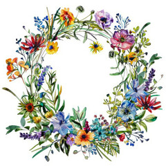 Vibrant watercolor wreath of wildflowers and greenery, adding a touch of nature