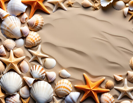 Sandy beach with beautiful seashells, blank copy space. 美しい貝殻のある砂浜、空白のコピースペース