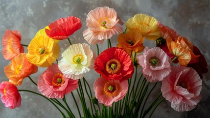   A vase brimming with multicolored blossoms atop a white-covered table adorned with white and yellow paper blooms