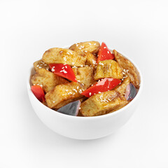 Crispy Chinese eggplant, wok fried, asian cuisine dish, on a white background