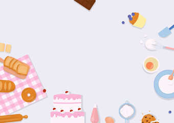 Cake and bread with baking utensils background
