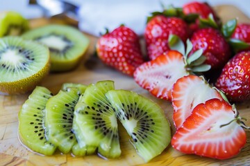 closeup of kiwi strawberries on cutting board for smoothies