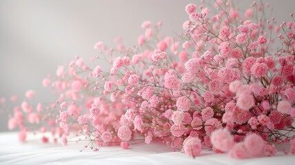   A table with pink flowers on top of a white cloth, surrounded by a gray wall