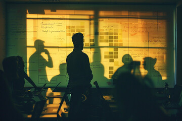 Shadows of professionals engaged in a brainstorming session, their figures outlined against a backlit wall adorned with motivational quotes.