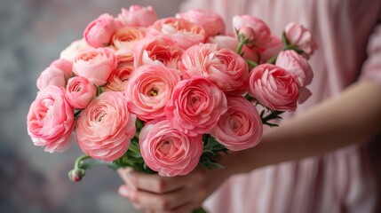   Close-up of a person holding a bouquet of pink roses