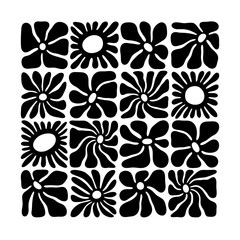 Black and white retro flower illustration set. Vintage style hippie floral clipart element design collection. Hand drawn nature collage, spring season drawing bundle with daisy flowers.