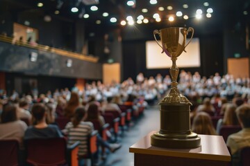 A large trophy stands centered on a wooden lectern with a blurred audience in the background in an auditorium during an award ceremony.