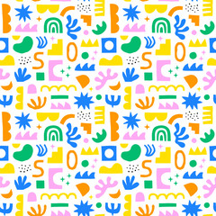 Obraz na płótnie Canvas Abstract organic shape seamless pattern with colorful geometric doodles. Flat cartoon background, simple random shapes in bright childish colors. 