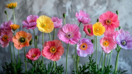   Pink and yellow flowers in a vase against gray-white walls