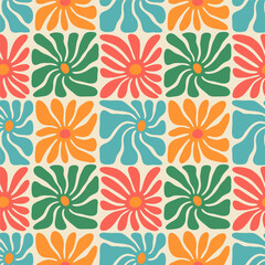 Colorful floral seamless pattern illustration. Vintage style hippie flower background design. Geometric checkered wallpaper print, spring season nature backdrop texture with daisy flowers. - obrazy, fototapety, plakaty