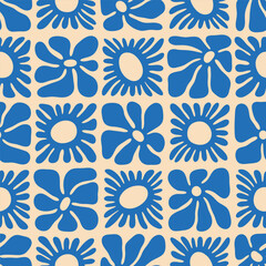 Vintage floral seamless pattern illustration. Blue flower background design. Geometric checkered wallpaper print, spring season nature backdrop texture with daisy flowers. - obrazy, fototapety, plakaty