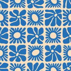 Foto op Canvas Vintage floral seamless pattern illustration. Blue flower background design. Geometric checkered wallpaper print, spring season nature backdrop texture with daisy flowers. © Dedraw Studio