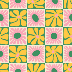 Obrazy na Plexi  Colorful floral seamless pattern illustration. Vintage style hippie flower background design. Geometric checkered wallpaper print, spring season nature backdrop texture with daisy flowers.