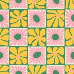 Foto auf Alu-Dibond Colorful floral seamless pattern illustration. Vintage style hippie flower background design. Geometric checkered wallpaper print, spring season nature backdrop texture with daisy flowers. © Dedraw Studio