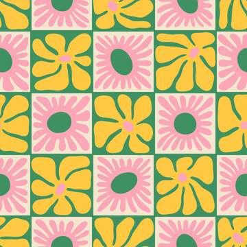Fototapeta Colorful floral seamless pattern illustration. Vintage style hippie flower background design. Geometric checkered wallpaper print, spring season nature backdrop texture with daisy flowers.