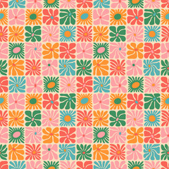 Colorful floral seamless pattern illustration. Vintage style hippie flower background design. Geometric checkered wallpaper print, spring season nature backdrop texture with daisy flowers.
