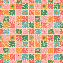 Poster Colorful floral seamless pattern illustration. Vintage style hippie flower background design. Geometric checkered wallpaper print, spring season nature backdrop texture with daisy flowers. © Dedraw Studio
