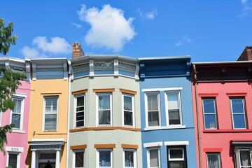 Fototapeta na wymiar row of colorful townhouses with blue sky