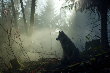 humanwolf hybrid amidst foggy forest, backlit - obrazy, fototapety, plakaty