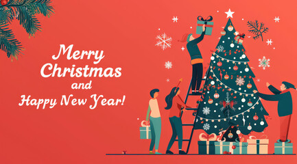 Flat illustration of people hanging decorations on a Christmas tree, a happy New Year card with text "Merry Christmas and Happy New Year"