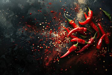 Red Chilli peppers and powder on black background