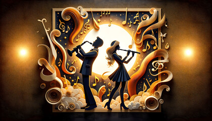 A detailed 3D construction paper art scene with two silhouettes, a man playing an alto saxophone energetically like a jazz musician, and a woman playing a flute - obrazy, fototapety, plakaty