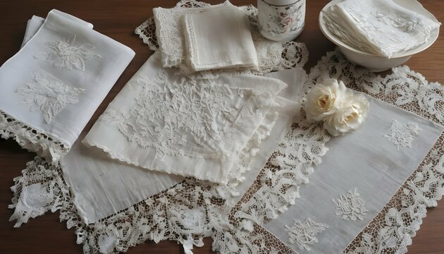 Delicate Display Of Antique Lace Doilies And Embro  2
