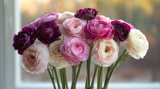   A close-up of several flowers in a vase on a window sill in front of a window