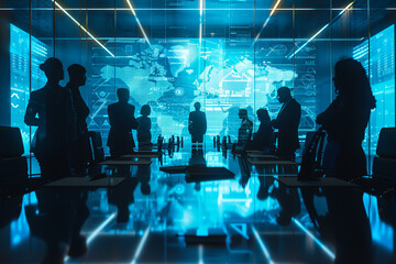 Silhouettes of businesspeople gathered around a backlit virtual conference table, their forms illuminated by the glow of digital avatars. - Powered by Adobe