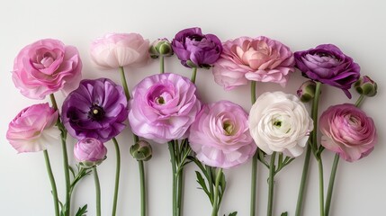   A bouquet of pink and purple flowers on a white background with green stems arranged in rows in the center - obrazy, fototapety, plakaty