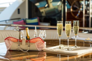 beach bag beside champagne glasses on yacht table