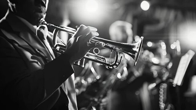 Black and white image of a jazz concert in a jazz club