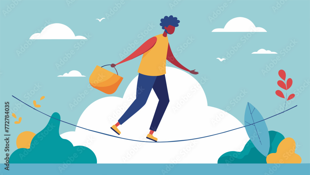 Poster a person walking on a tightrope with a cushion underneath symbolizing the importance of selfcare and