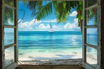 A captivating window vista of a tropical paradise, with palm-fringed beaches, crystal-clear turquoise waters, and the distant silhouette of a sailboat on the horizon, Generative AI