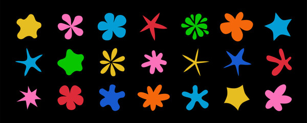 Fototapeta na wymiar Y2k groovy summer vector icons, symbols. Multicolor nautical starfish elements. Flower and starfish icon set. Social media highlights cover templates. Brutalism emblems, sea beach summertime symbols