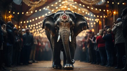 Fototapeta na wymiar elephant stands on its hind leg at circus show