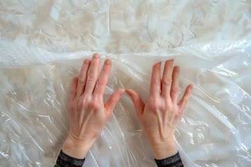 hands stretching a piece of bubble wrap wide