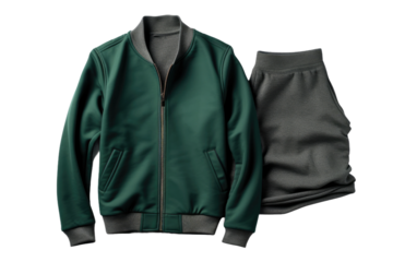 Ethereal Green Jacket and Grey Pants: A Fashionable Duo. On a Clear PNG or White Background.