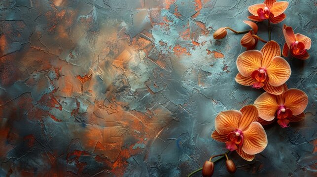   Three orange orchids on a blue-gray backdrop with space for text or image