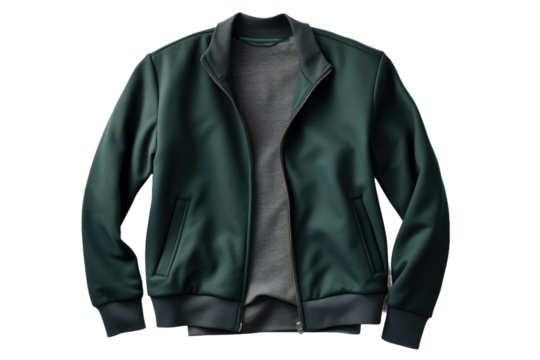 Verdant Elegance: A Green Jacket Embracing a Grey Sweater. On a Clear PNG or White Background.